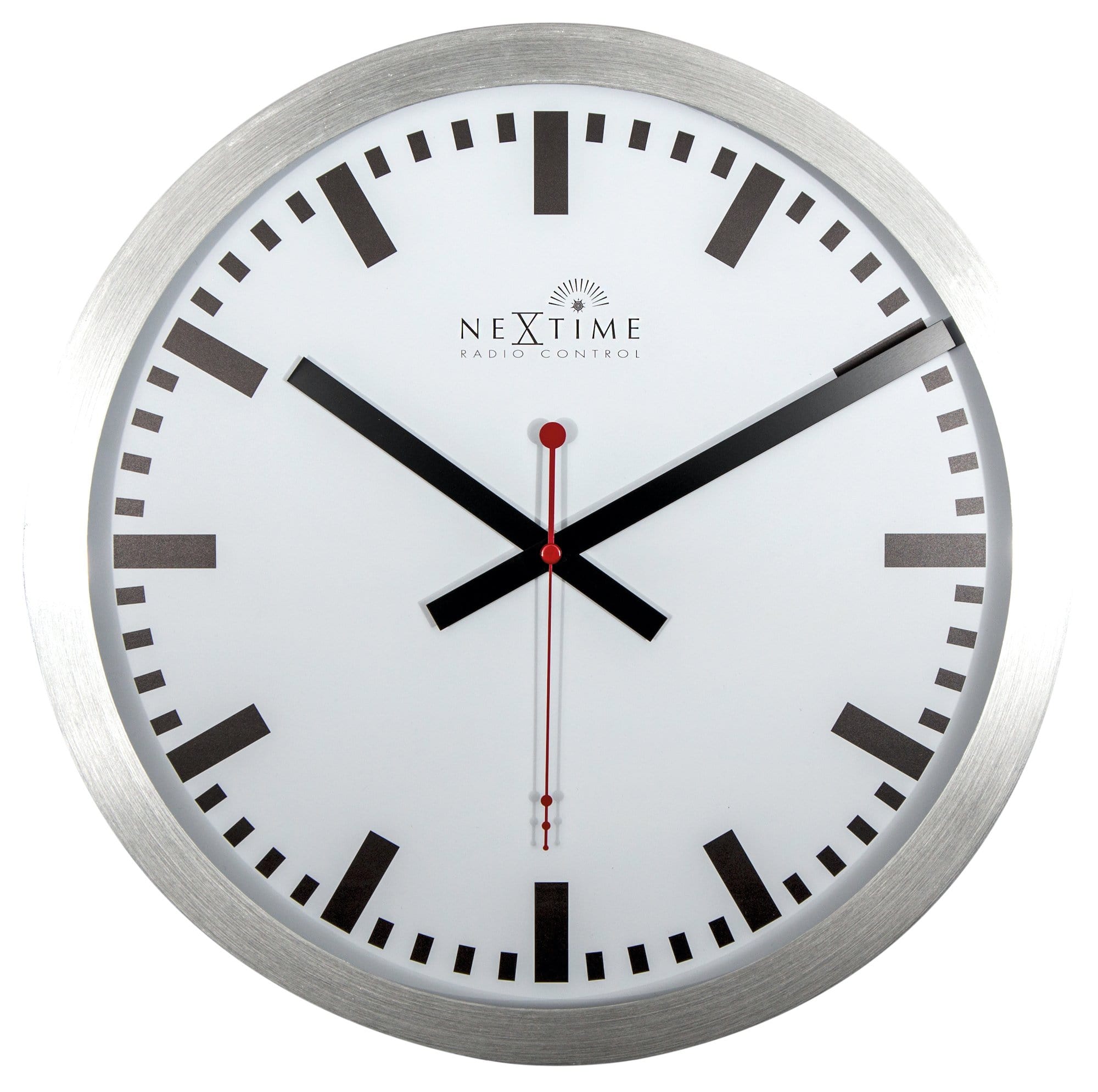 NeXtime wall clock, 35 cm aluminum design with radio-controlled DCF station stripe, modern and sleek for home or office.